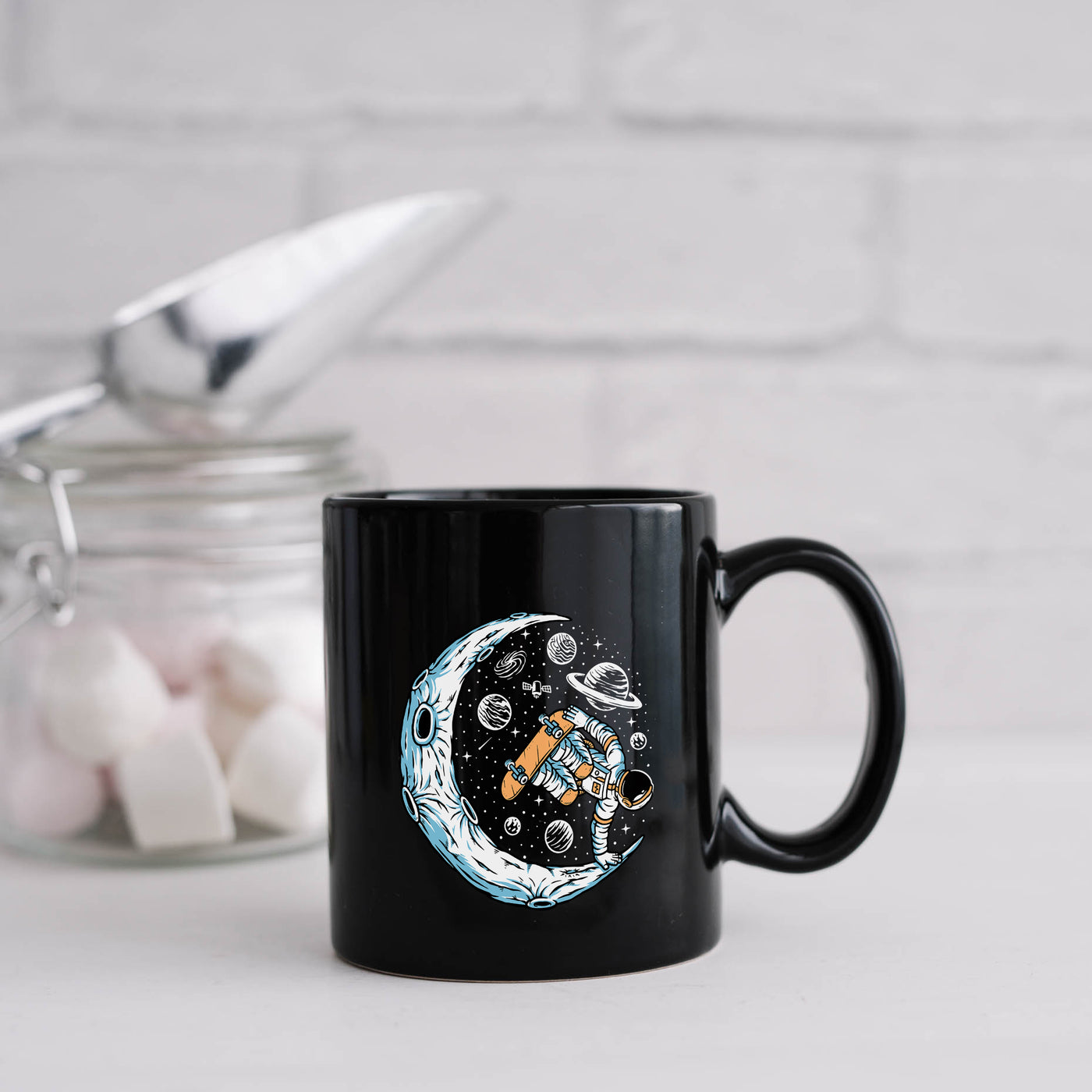 Astronaut Skateboarding On The Moon 11oz Black Mug